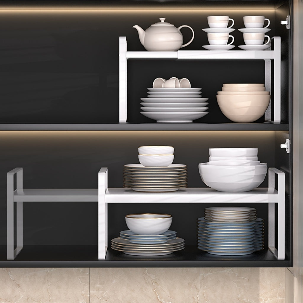 Cabinet Shelf Expandable Height Adjustable Organizer Riser for Kitchen Cabinet Pantry Cupboard Under Sink Countertop Organization Storage Space Saver Stackable Heavy Duty Metal, White/Black, for Christmas Gifts, Standing Shelf, Standing Shelf
