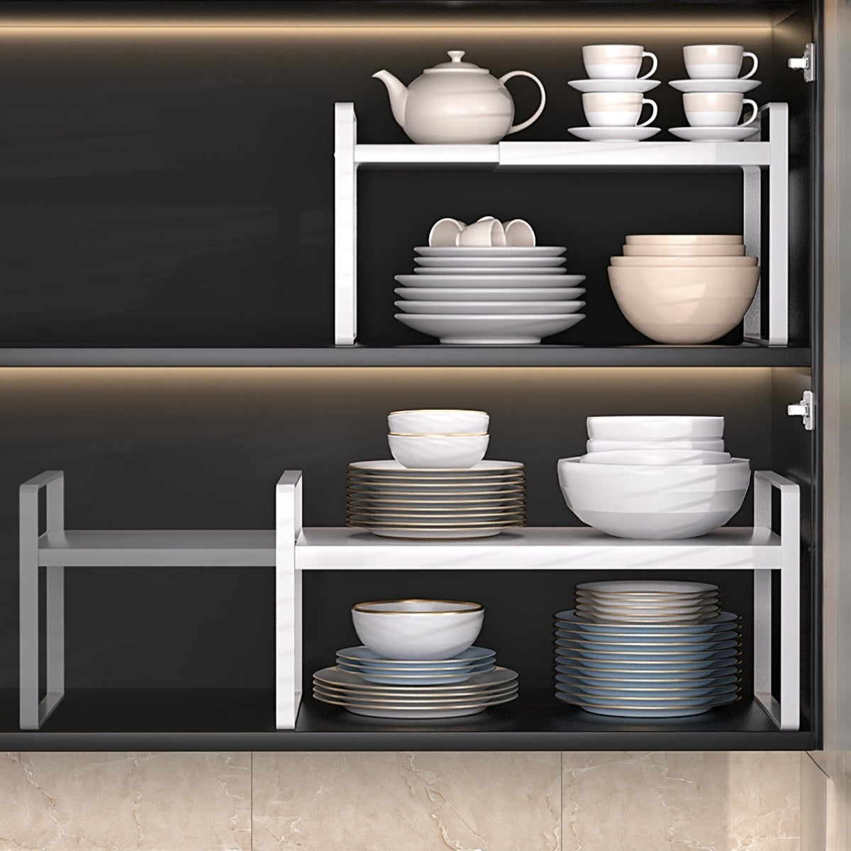 Cabinet Shelf Expandable Height Adjustable Organizer Riser for Kitchen Cabinet Pantry Cupboard Under Sink Countertop Organization Storage Space Saver Stackable Heavy Duty Metal, White/Black, for Christmas Gifts, Standing Shelf, Standing Shelf