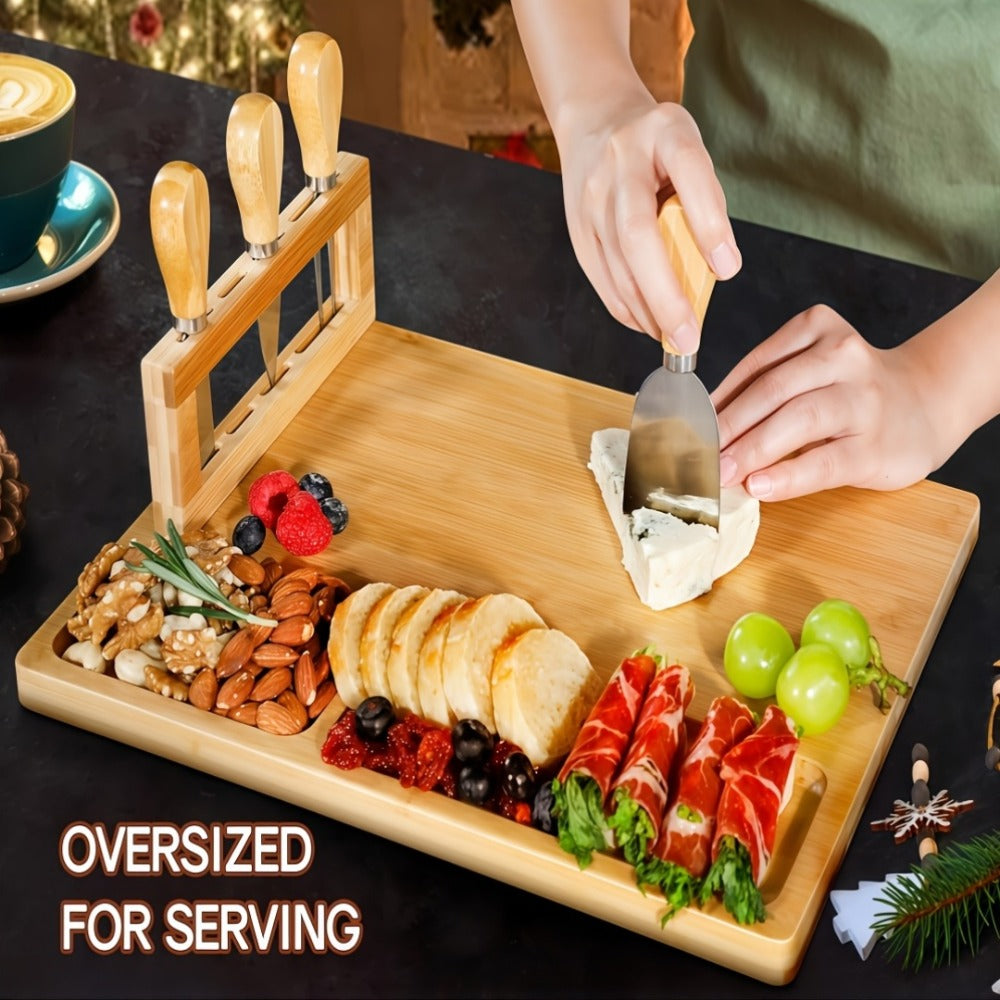 Compact Home Storage Organizer – space-saving everyday organization, Bamboo Charcuterie Board Set with 4 Stainless Steel Knives Magnetic Holder - Large Divided, designed for American homes, daily convenience and practical gifting