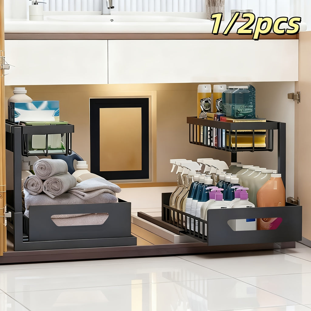 Kitchen Essential – 1/2pcs 2-story kitchen sink storage containers，push-pull cabinet organizer, kitchen and bathroom organizers and storage, study, tabletop, metal sliding drawers, practical