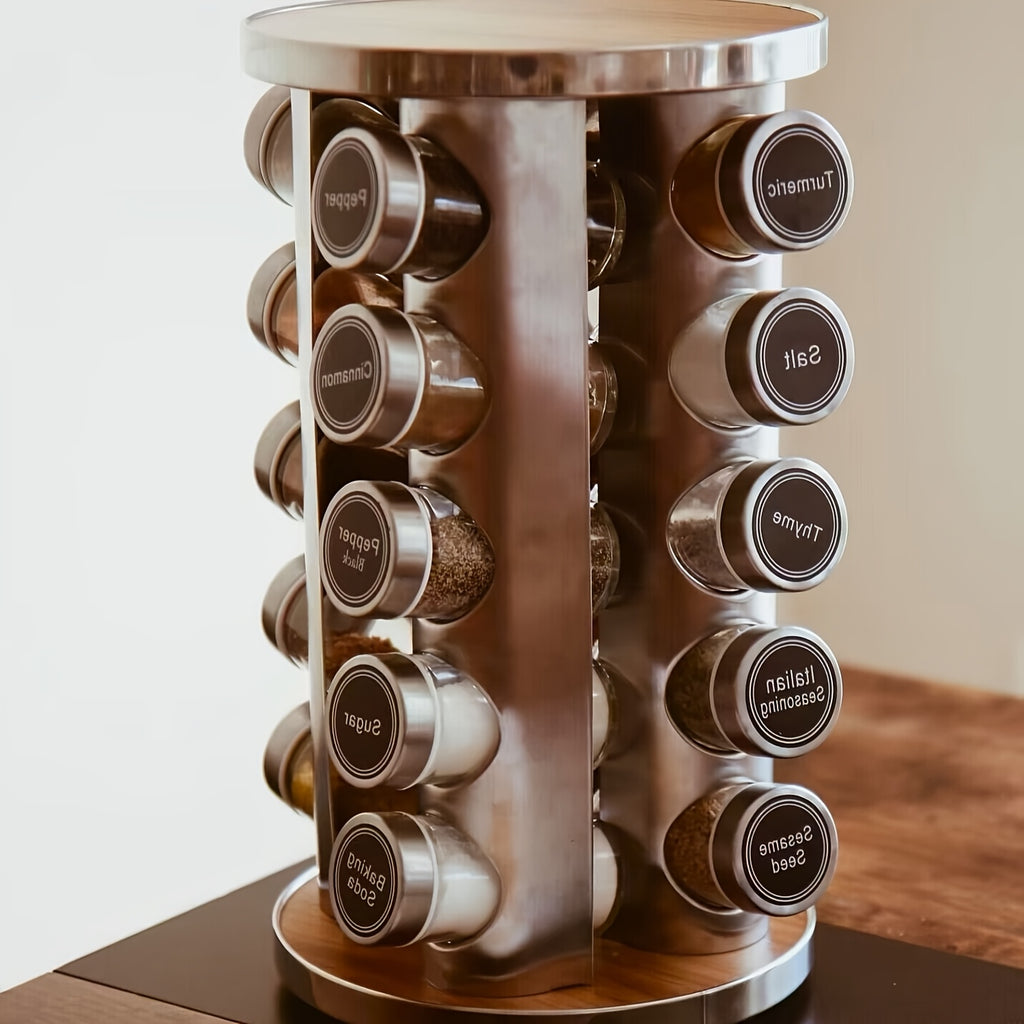 Rotating Spice Rack with 20 Jars, Kitchen Countertop Spice Tower, 360-Degree Revolving Seasoning Organizer for Cabinet, Carousel Storage Holder with 386 Labels for Herbs, Spices, And Condiments