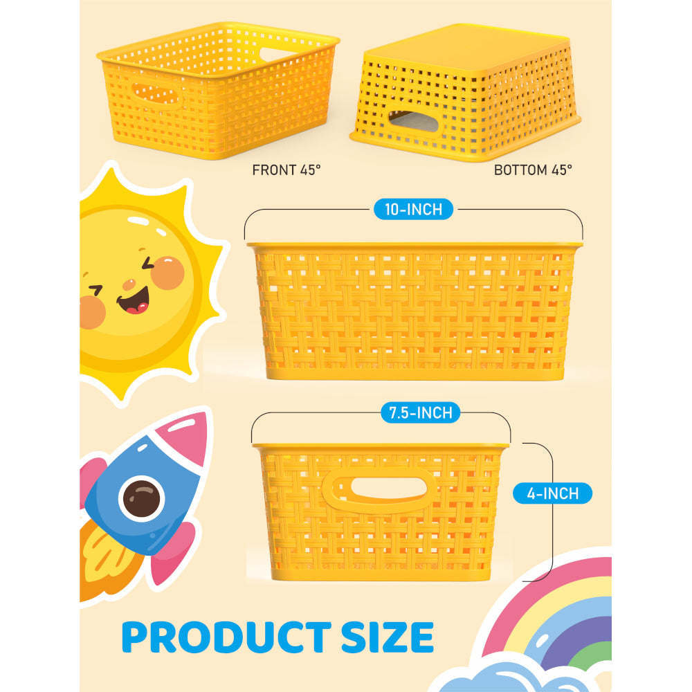 Set of 6 Durable Woven Plastic Storage Bins in Yellow, Measuring 10.1" X 7.55" X 4.1", Ideal for Organizing Your Home, Office, Desktop, Wardrobe, Or Bathroom, Shelf Baskets