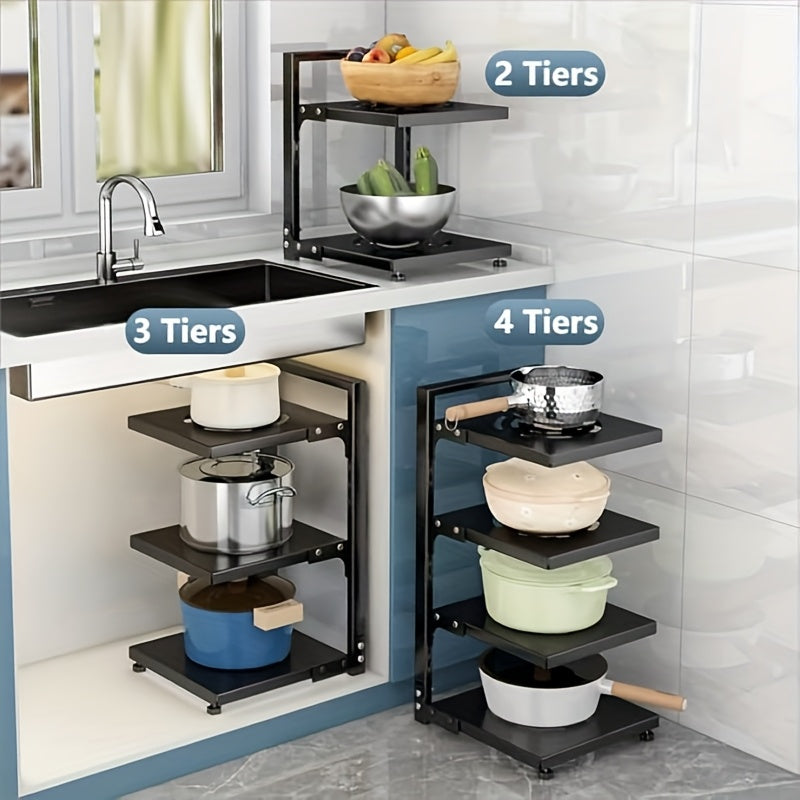 Kitchen Essential – 2/7-Tier Adjustable Kitchen Storage Rack, Multi-Layer Sink Organizer for Pots, Pans & Utensils, Painted End, Black for Modern US Homes, easy meal prep and organization, V