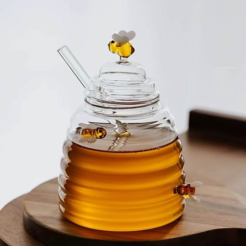 1pc Glass Honey Jar 16.91oz with Lid and Dipper, High Borosilicate Transparent Honey Bottle, Animal Theme, BPA-Free Storage Container for Honey and Jam
