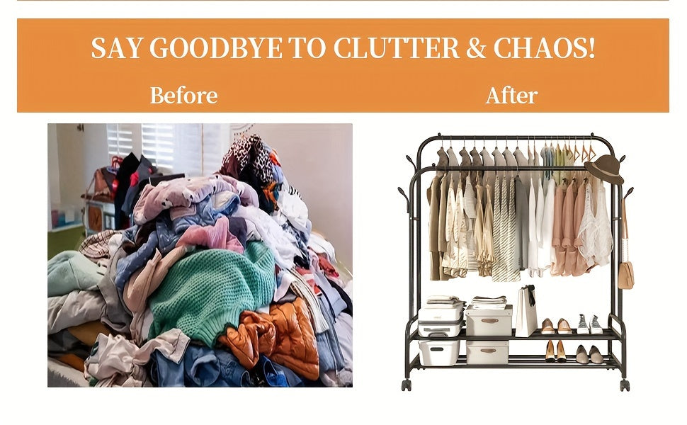Heavy-Duty Adjustable Home Storage Rack – durable multi-purpose storage, Sturdy Metal Double Rodding Clothes Rack with Wheels Portable Clothing Rack with Shelves Hooks, designed for American homes, daily convenience and practical gifting