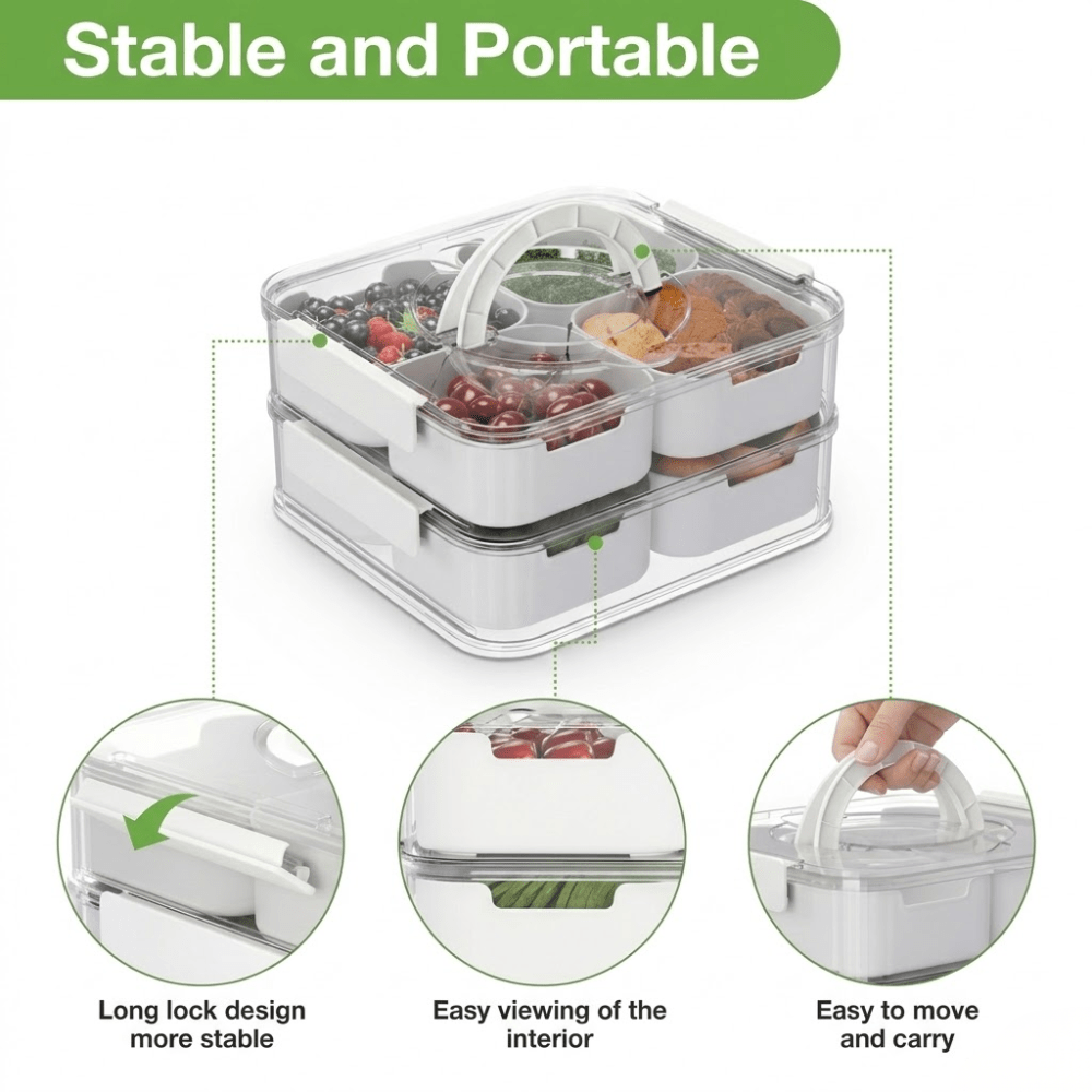 Space-Saving Refrigerator Storage Organizer – easy-access fridge organization, 2-Tier 8 Compartment Stackable Fridge Fruit Storage Containers with Lid and Foldable Handle Snackle, designed for American homes, daily convenience and practical gifting